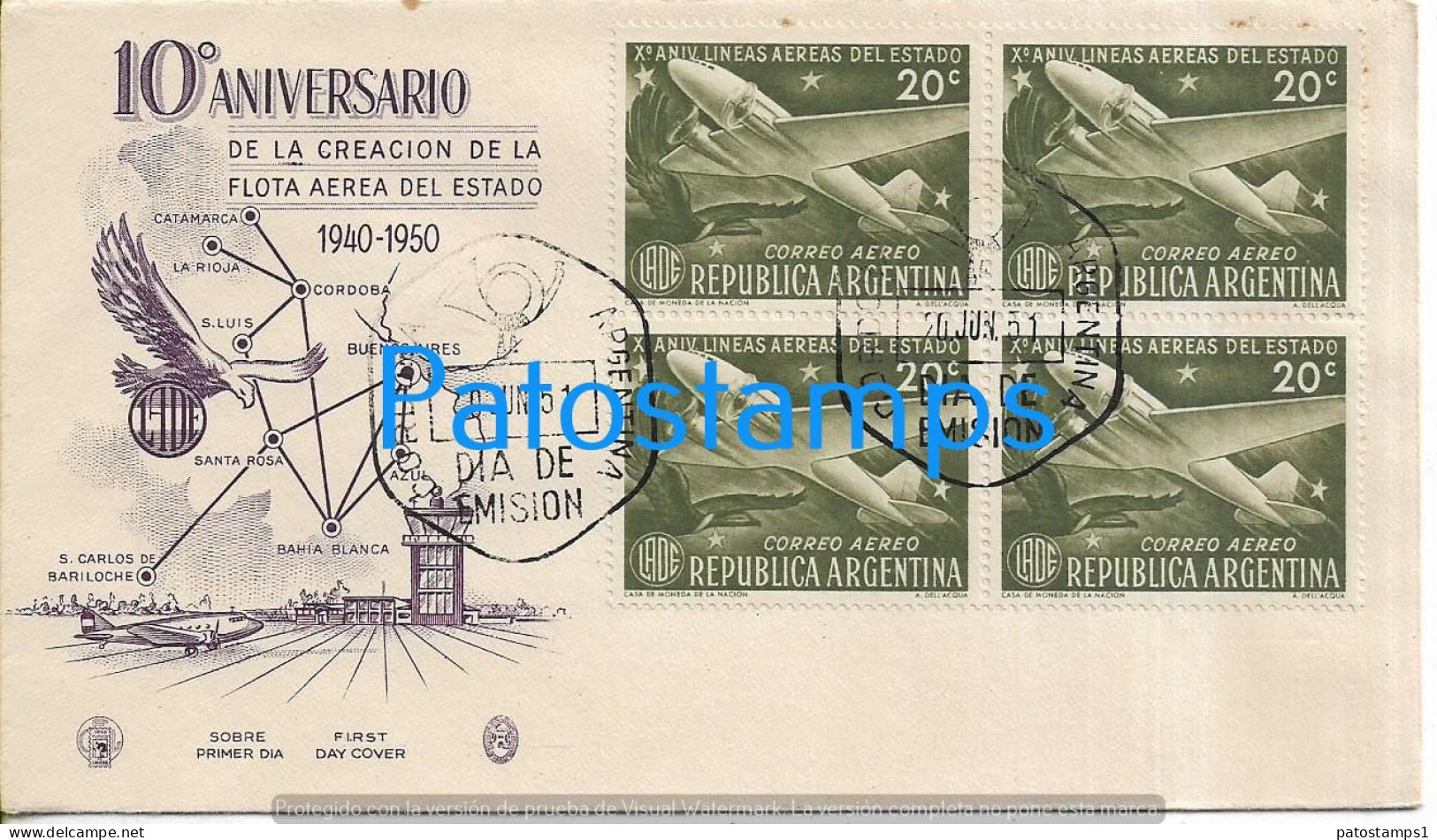 226290 ARGENTINA CORDOBA COVER CANCEL YEAR 1951 10º ANIVERSARIO LADE AVIATION FLOTA AEREA  NO POSTCARD - Otros & Sin Clasificación