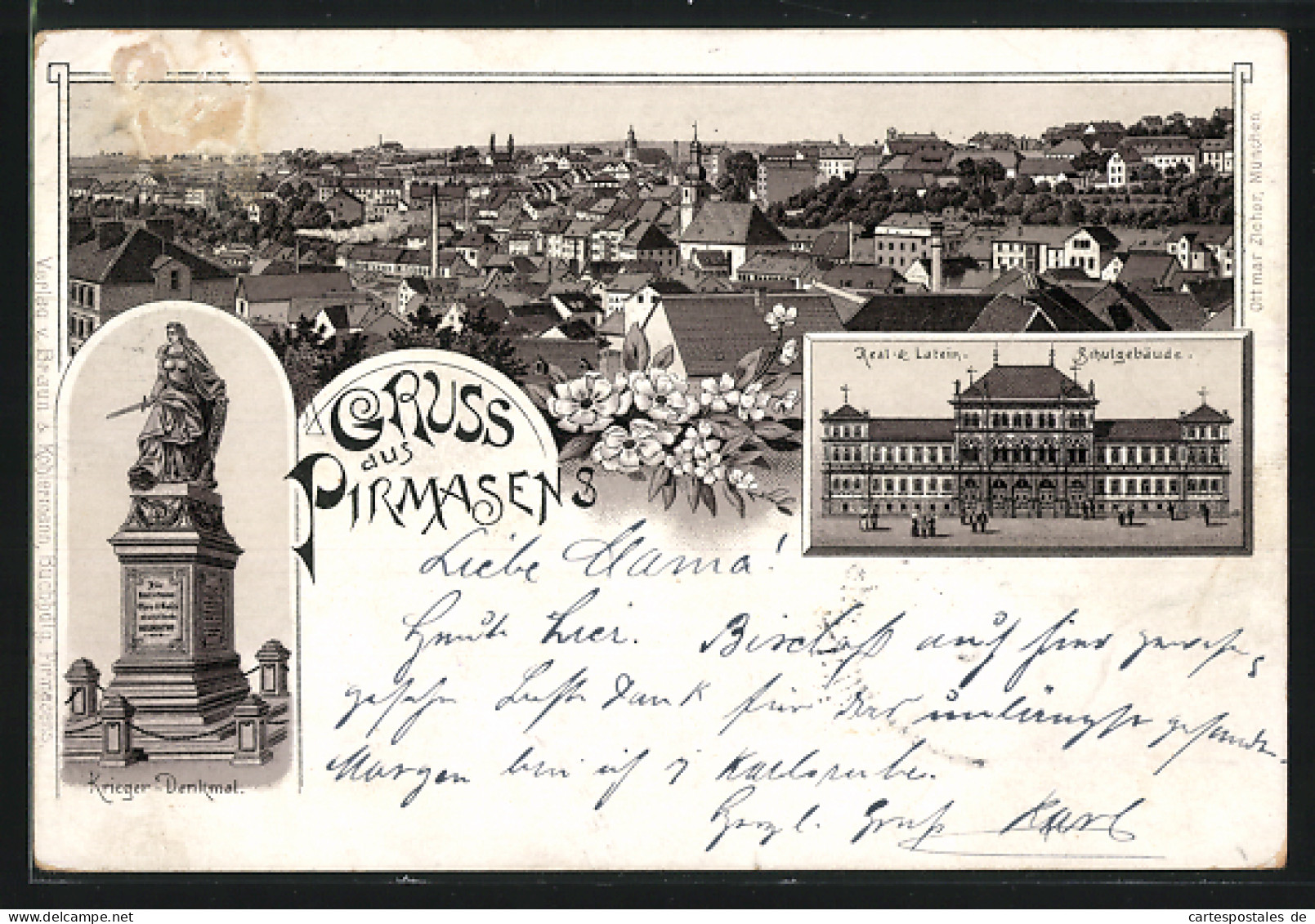 Vorläufer-Lithographie Pirmasens, 1894, Krieger-Denkmal, Teilansicht, Real- & Latein-Schulgebäude  - Pirmasens