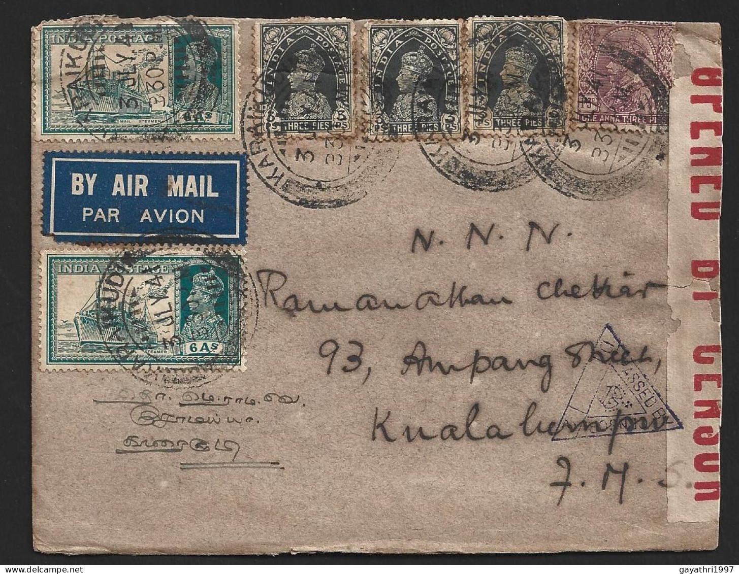 India Multiple Stamps On Cover With Censor Cancellation 2nd World War Period. Cover From India To Malaya (c768) - Altri & Non Classificati