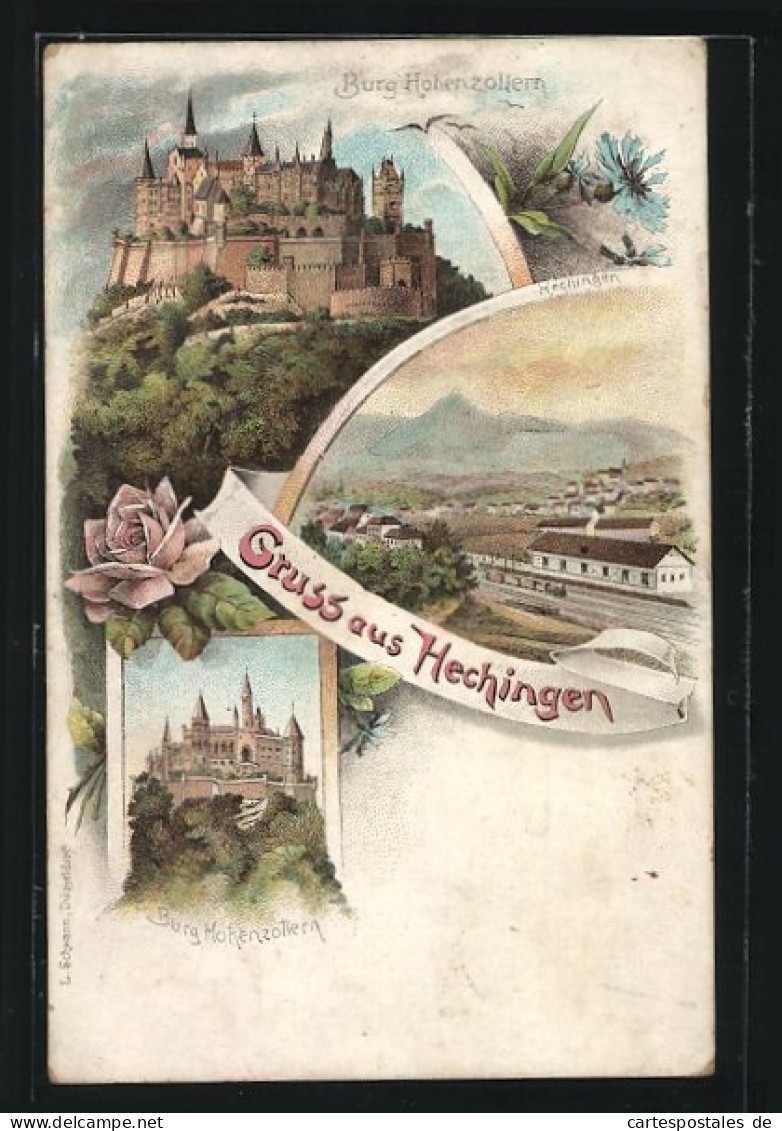 Lithographie Hechingen, Burg Hohenzolern, Ortsansicht Mit Bahnhof  - Hechingen