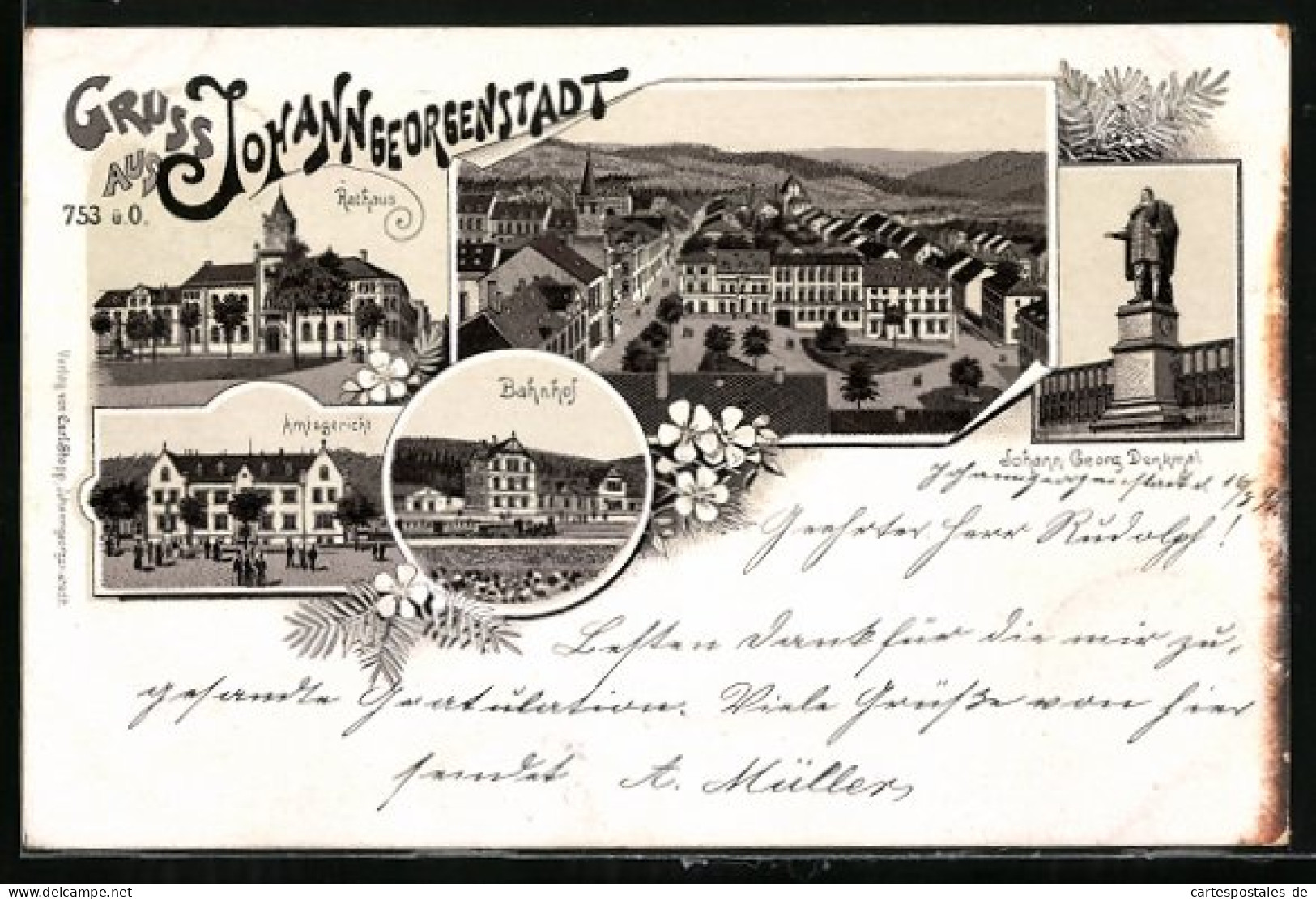 Vorläufer-Lithographie Johanngeorgenstadt, 1895, Amtsgericht, Bahnhof, Rathaus  - Johanngeorgenstadt