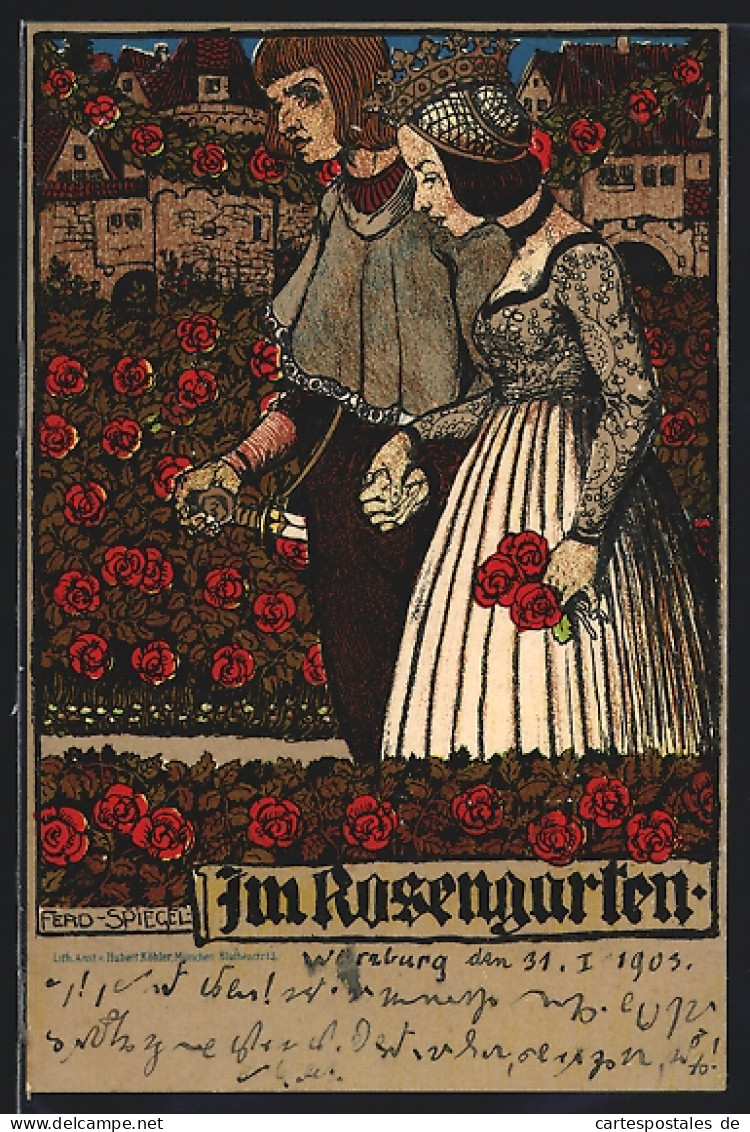 Künstler-AK Ferdinand Spiegel: Im Rosengarten, Spaziergang Eines Paares In Mittelalterlichen Kostümen  - Spiegel, Ferdinand