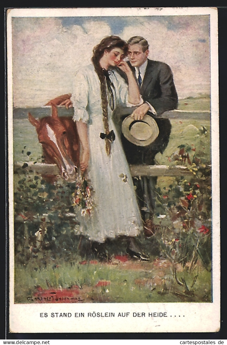 Künstler-AK Clarence F.Underwood: Liebespaar Steht An Einem Holzzaun, Pferd, Blumen  - Underwood, Clarence F.