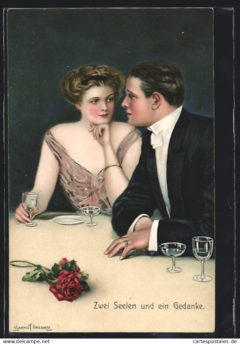 Künstler-AK Clarence F. Underwood: Elegantes Paar Mit Rose An Einem Tisch  - Underwood, Clarence F.