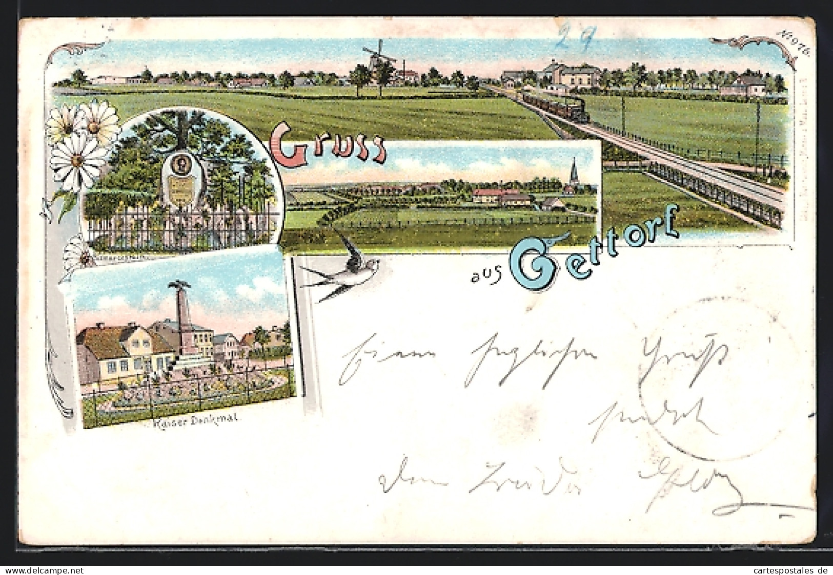 Lithographie Gettorf, Kaiserdenkmal, Bismarckdenkmal, Panorama Mit Eisenbahn Und Windmühle  - Gettorf