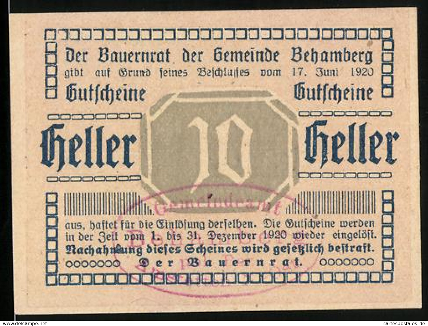 Notgeld Behamberg 1920, 10 Heller, Ortspartie  - Oesterreich