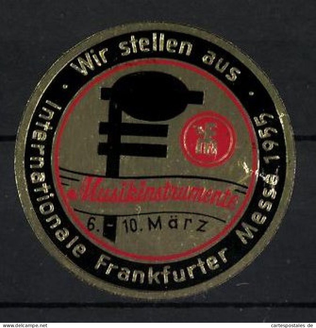 Präge-Reklamemarke Frankfurt A. M., Interationale Frankfurter Messe F. Musikinstrumente 1955, Messelogo & Notenschlü  - Erinnofilia