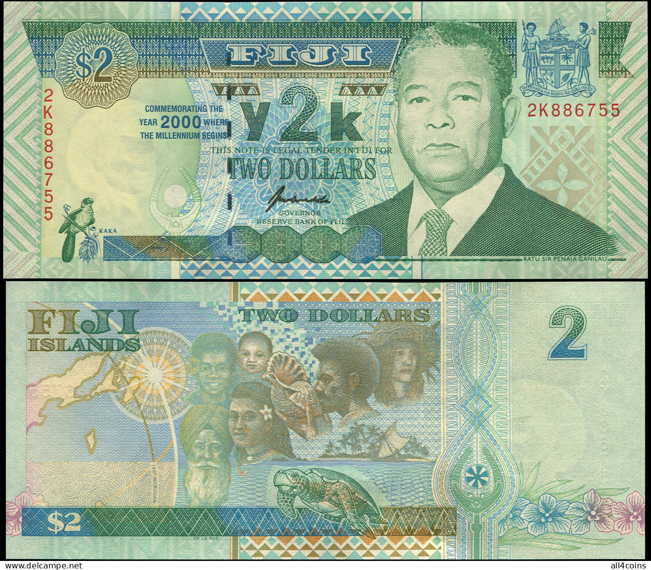 Fiji 2 Dollars. 2000 Unc. Banknote Cat# P.102b - Figi
