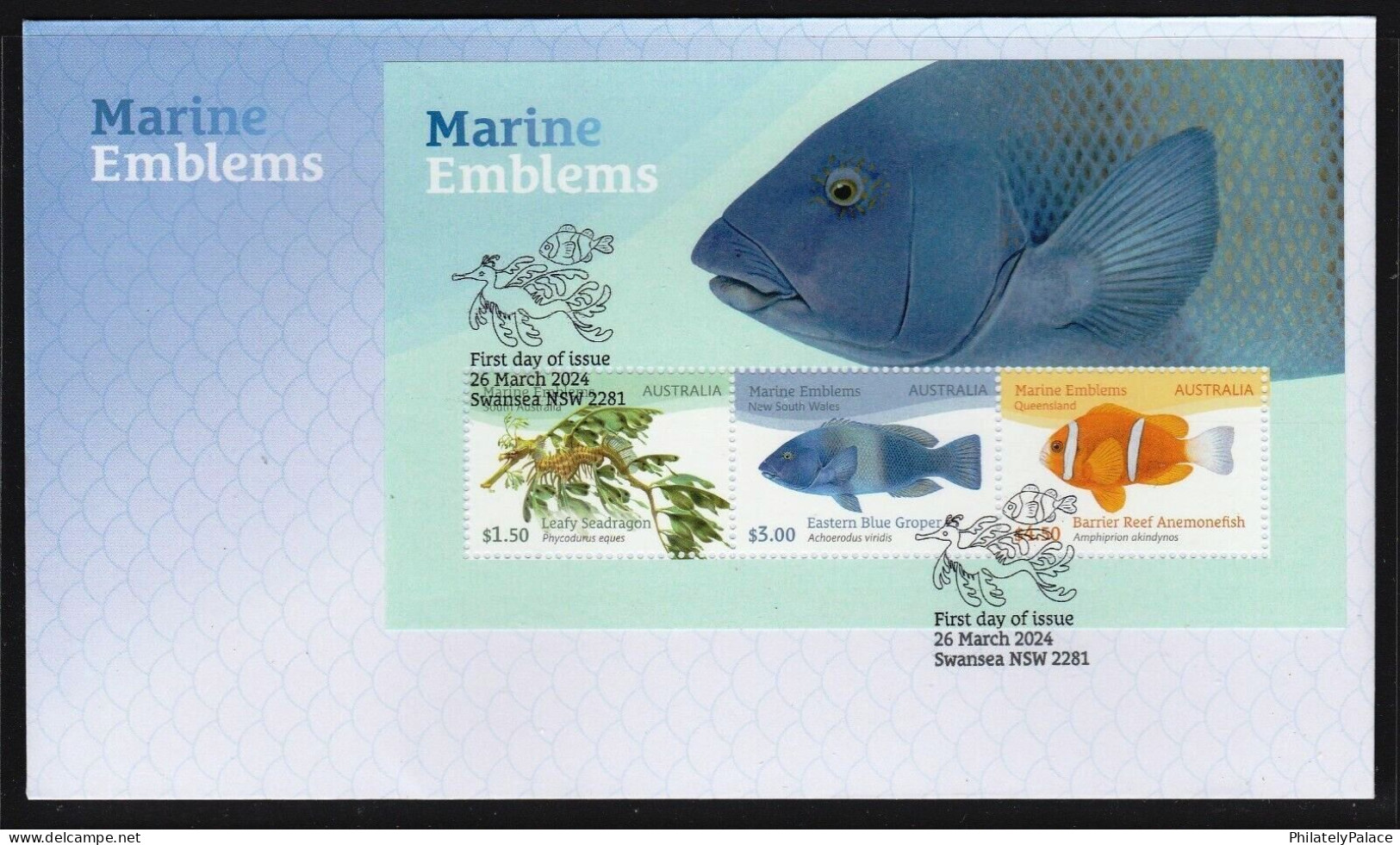 AUSTRALIA 2024 MARINE EMBLEMS,BARRIER REEF,FISH,EASTER BLUE GROPER,LEAFY SEA DRAGON,MS FDC (**) - Cartas & Documentos