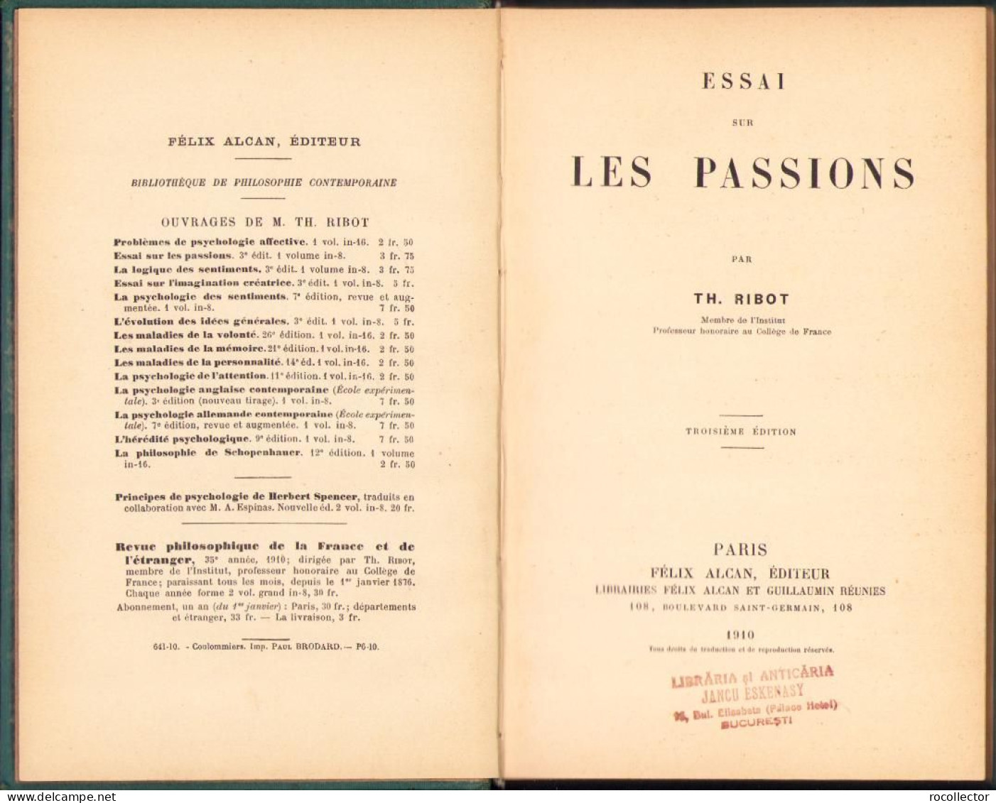 Essai Sur Les Passions Par Th. Ribot, 1910, Paris C1660 - Oude Boeken