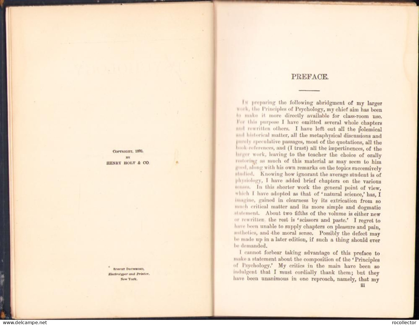 Text Book Of Psychology By William James, 1892, London C1651 - Old Books