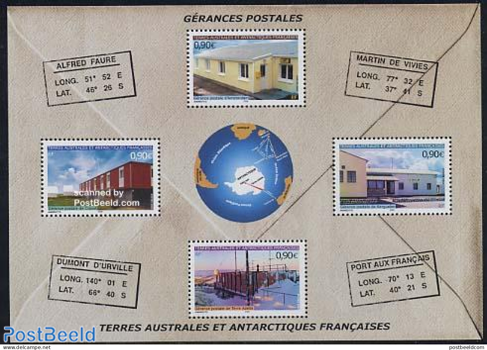 French Antarctic Territory 2004 Post Offices 4v M/s, Mint NH, Science - Various - The Arctic & Antarctica - Post - Glo.. - Unused Stamps