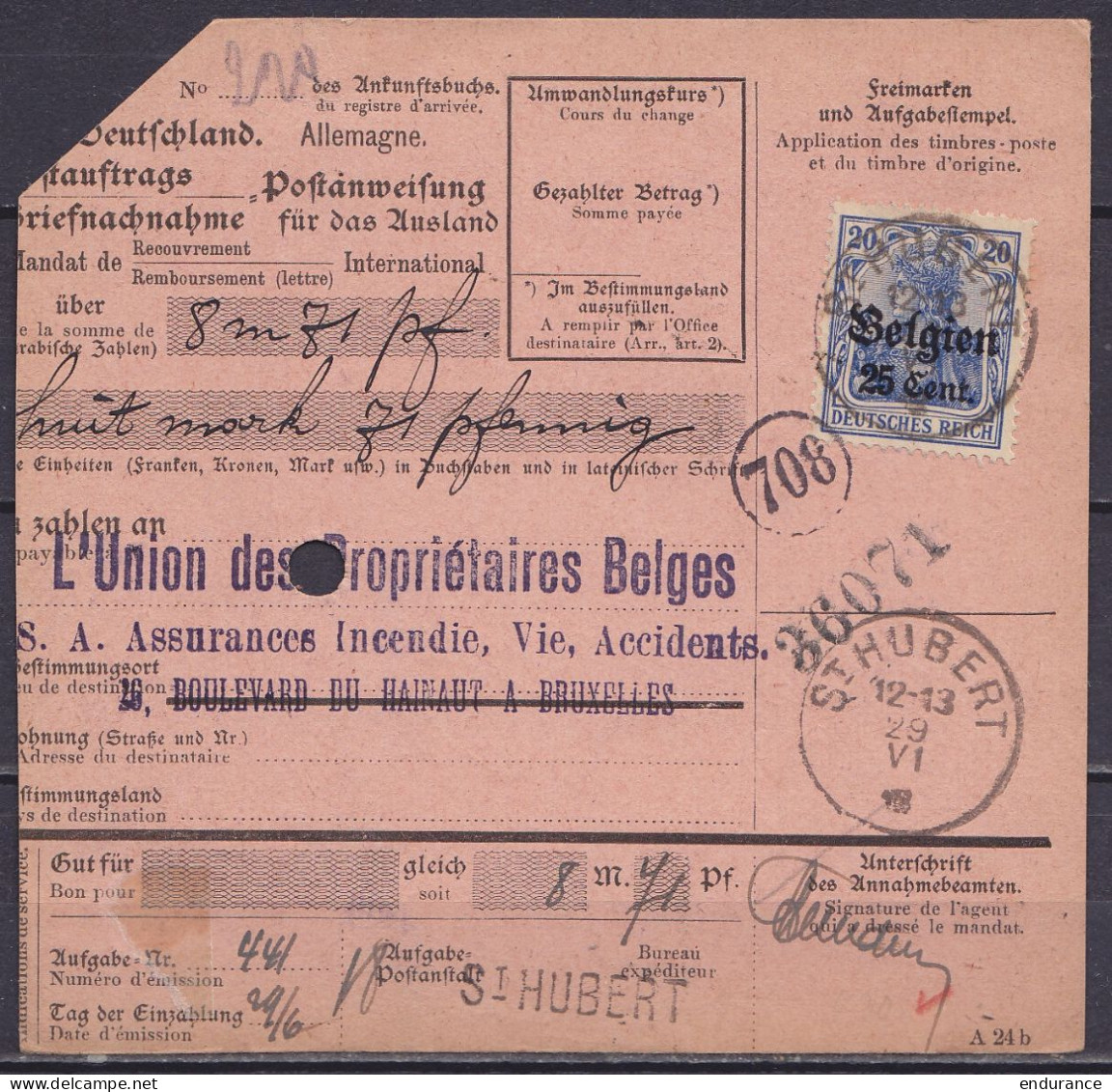 Mandat 8M 71pf Affr. OC17 Càd ST-HUBERT /29 VI 1918 Pour BRUXELLES - OC14 Càpt BRÜSSEL /1.7.1918 - OC1/25 Gobierno General