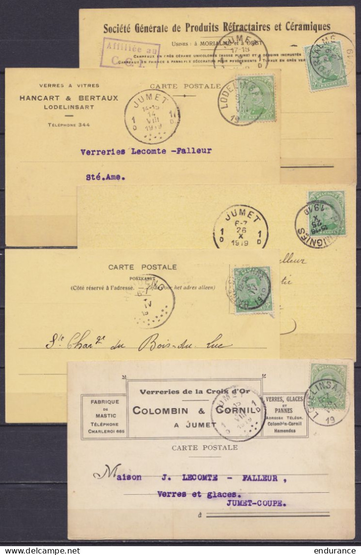 Lot De 5 CP Affr. N°137 Càd MORIALME, LODELINSART, HAINE-ST-PIERRE & HARMIGNIES 1919 Pour JUMET (x4) Et HOUDENG-AIMERIES - 1915-1920 Alberto I