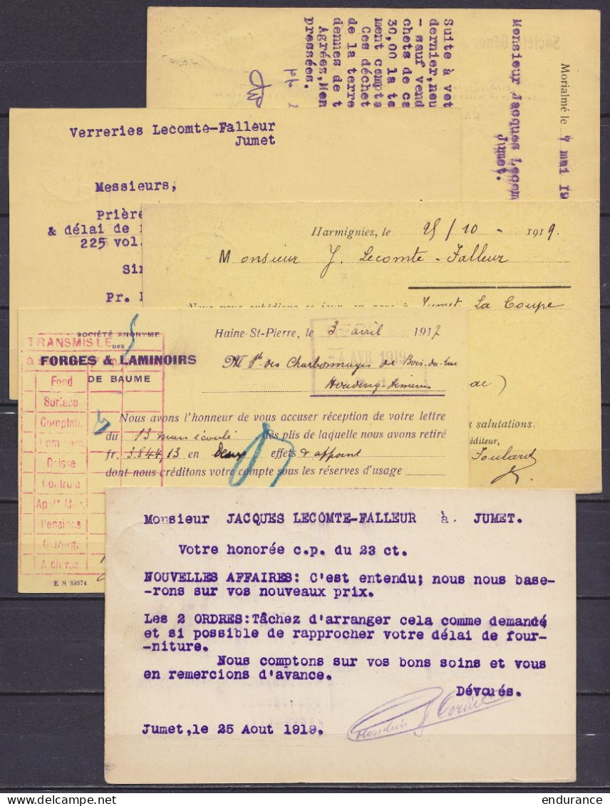 Lot De 5 CP Affr. N°137 Càd MORIALME, LODELINSART, HAINE-ST-PIERRE & HARMIGNIES 1919 Pour JUMET (x4) Et HOUDENG-AIMERIES - 1915-1920 Albert I.