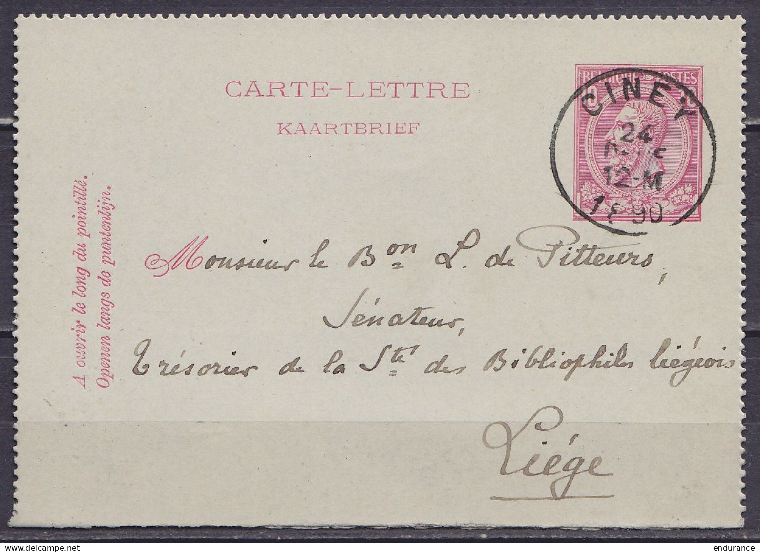 EP Carte-lettre 10c Rose (N°46) Càd CINEY /24 DECE 1890 De Halloy Pour LIEGE (au Dos: Càd LIEGE) - Kartenbriefe