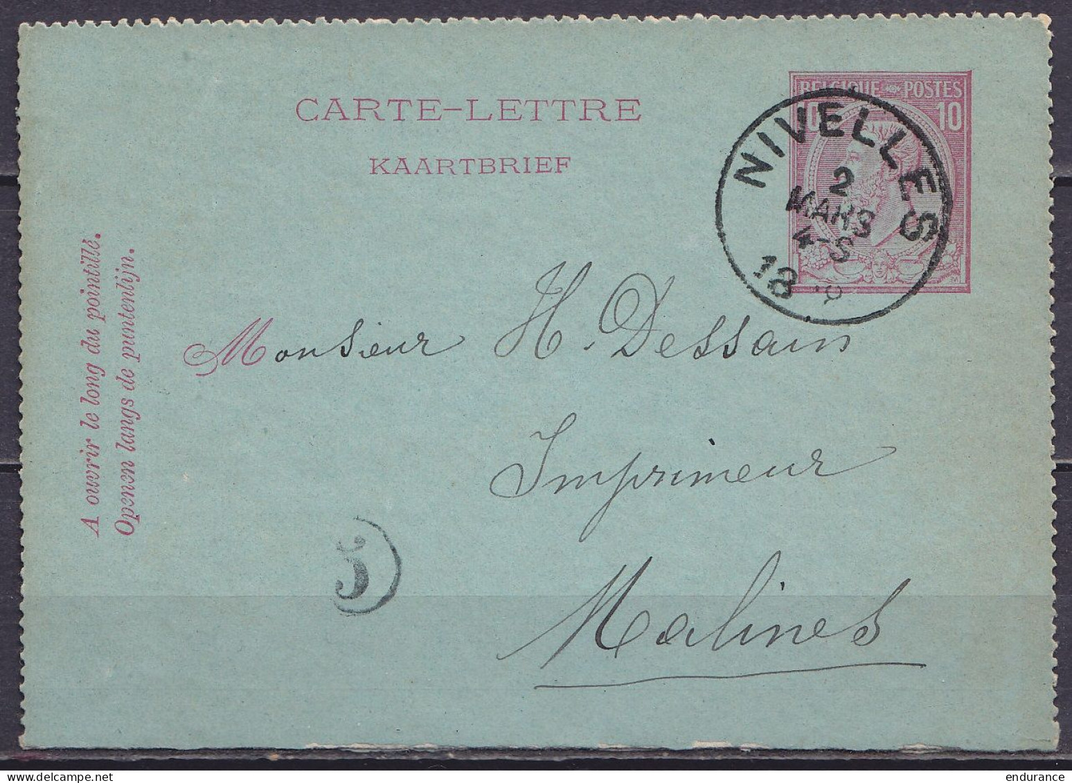 EP Carte-lettre 10c Rose (N°46) Càd NIVELLES /2 MARS 1888 Pour MALINES (au Dos: Càd MALINES) - Cartes-lettres