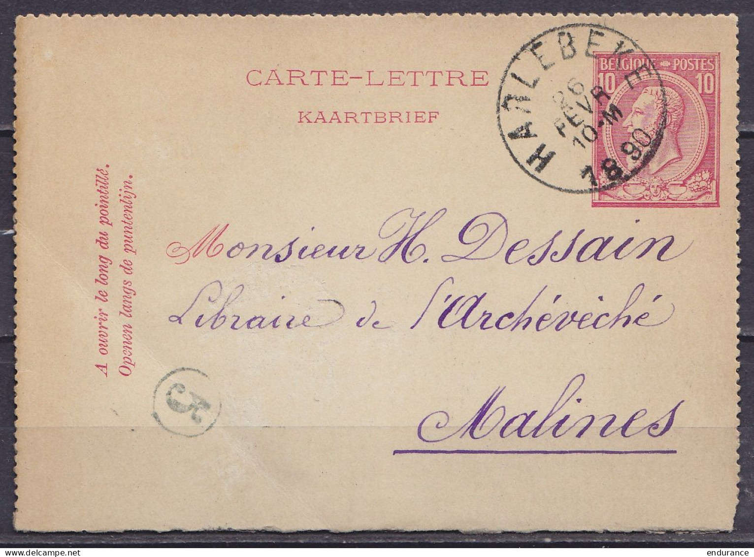 EP Carte-lettre 10c Rose (N°46) Càd HARELBEKE /26 FEVR 1890 Pour MALINES (au Dos: Càd Arrivée MALINES (STATION)) - Postbladen