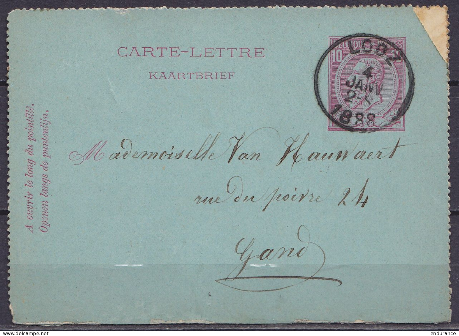 EP Carte-lettre 10c Rose (N°46) Càd LOOZ /4 JANV 1888 Pour GAND (au Dos: Càd GAND) - Carte-Lettere