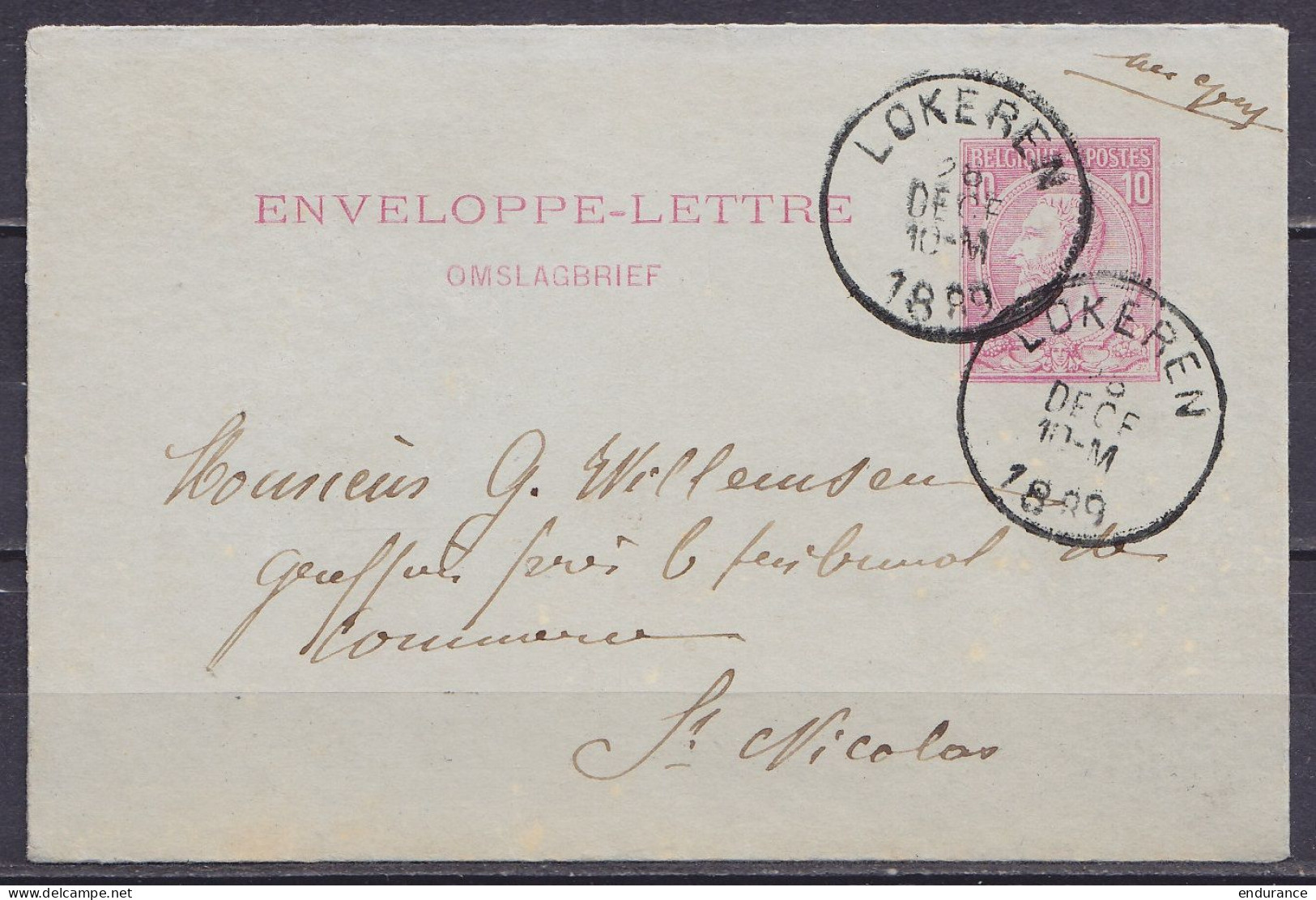 EP Enveloppe-lettre 10c Rose (N°46) Càd LOKEREN /28 DECE 1889 Pour ST-NICOLAS (au Dos: Càd ST-NICOLAS) - Sobres-cartas