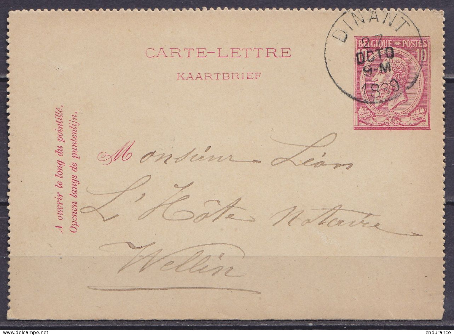 EP Carte-lettre 10c Rose (N°46) Càd DINANT /27 OCTO 1889 De HERBUCHENNE Pour WELLIN (au Dos: Càd WELLIN) - Postbladen