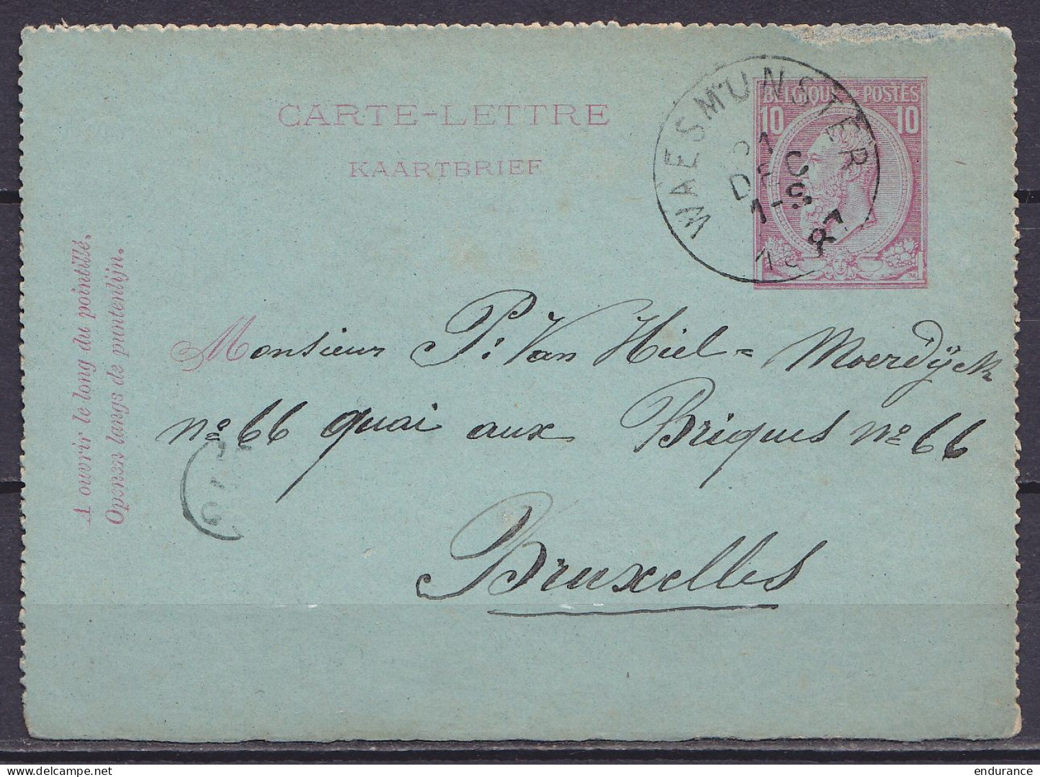 EP Carte-lettre 10c Rose (N°46) Càd WAESMUNSTER /21 DEC 1887 Pour BRUXELLES (au Dos: Càd BRUXELLES 1) - Cartes-lettres