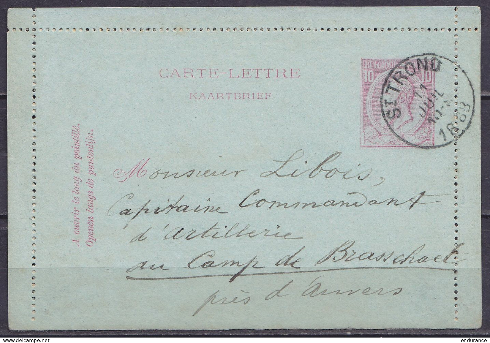 EP Carte-lettre 10c Rose (N°46) Càd ST-TROND /11 JUIL 1888 Pour Capitaine Commandant D'artillerie Au Camp De BRASSCHAET  - Cartes-lettres