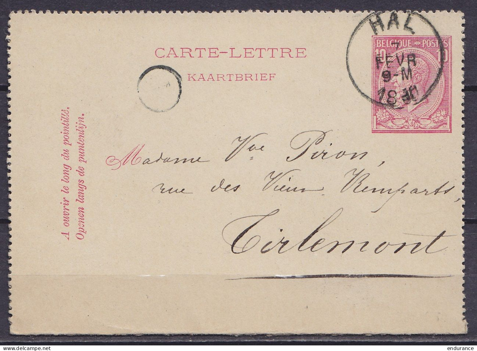 EP Carte-lettre 10c Rose (N°46) Càd HAL /7 FEVR 1890 Pour TIRLEMONT (au Dos: Càd TIRLEMONT) - Postbladen