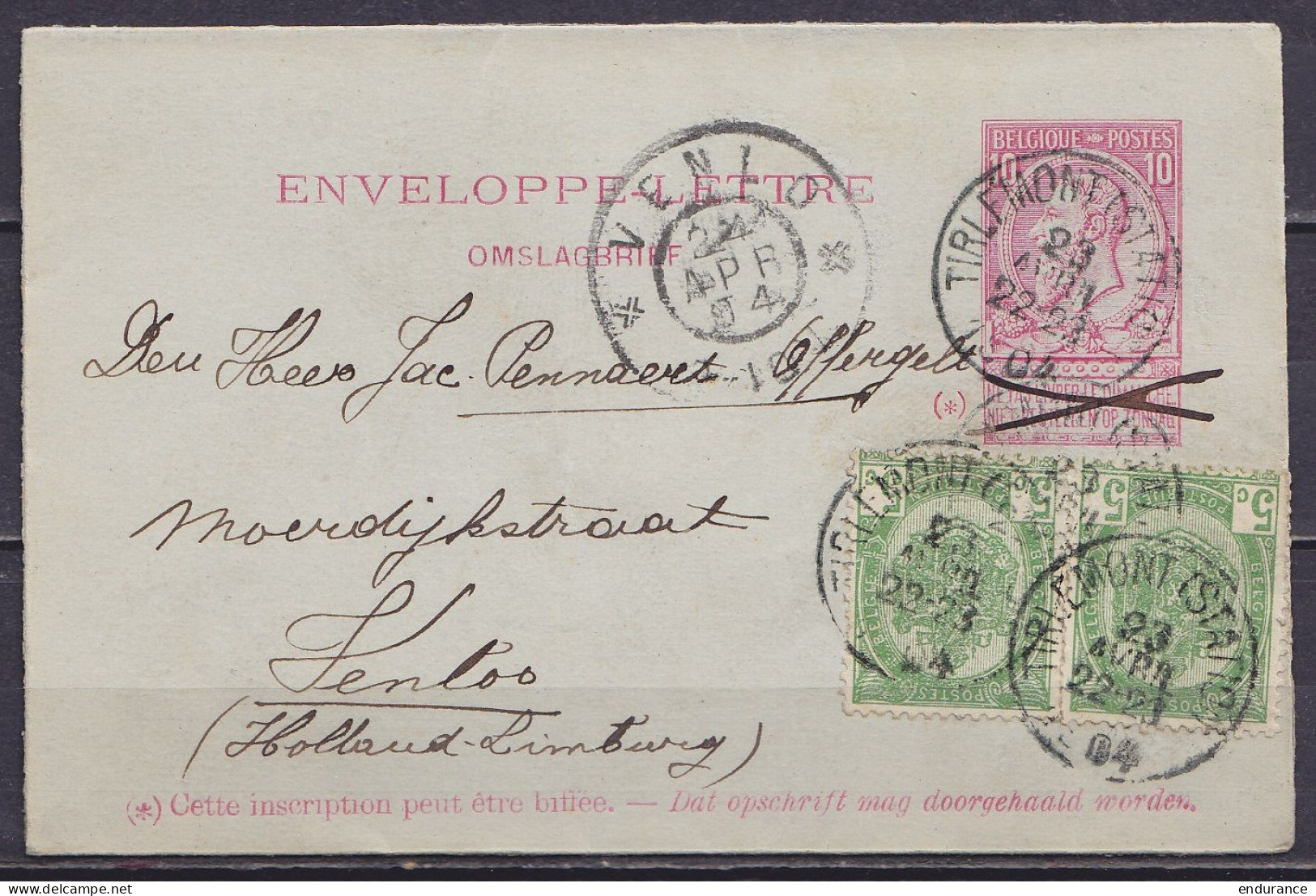 EP Enveloppe-lettre 10c Rose (N°46) + 2x N°56 Càd TIRLEMONT (STATION) /23 AVRIL 1904 Pour VENLOO (Holland - Limburg) - C - Sobres-cartas