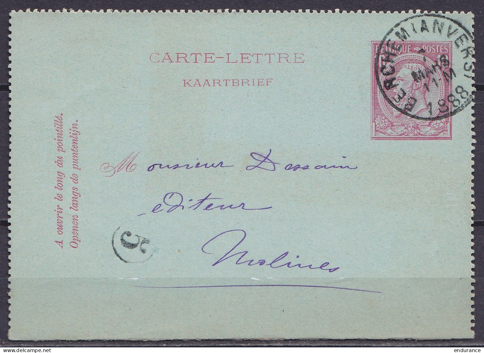 EP Carte-lettre 10c Rose (N°46) Càd BERCHEM (ANVERS) /7 MARS 1888 Pour MALINES (au Dos: Càd MALINES) - Kartenbriefe