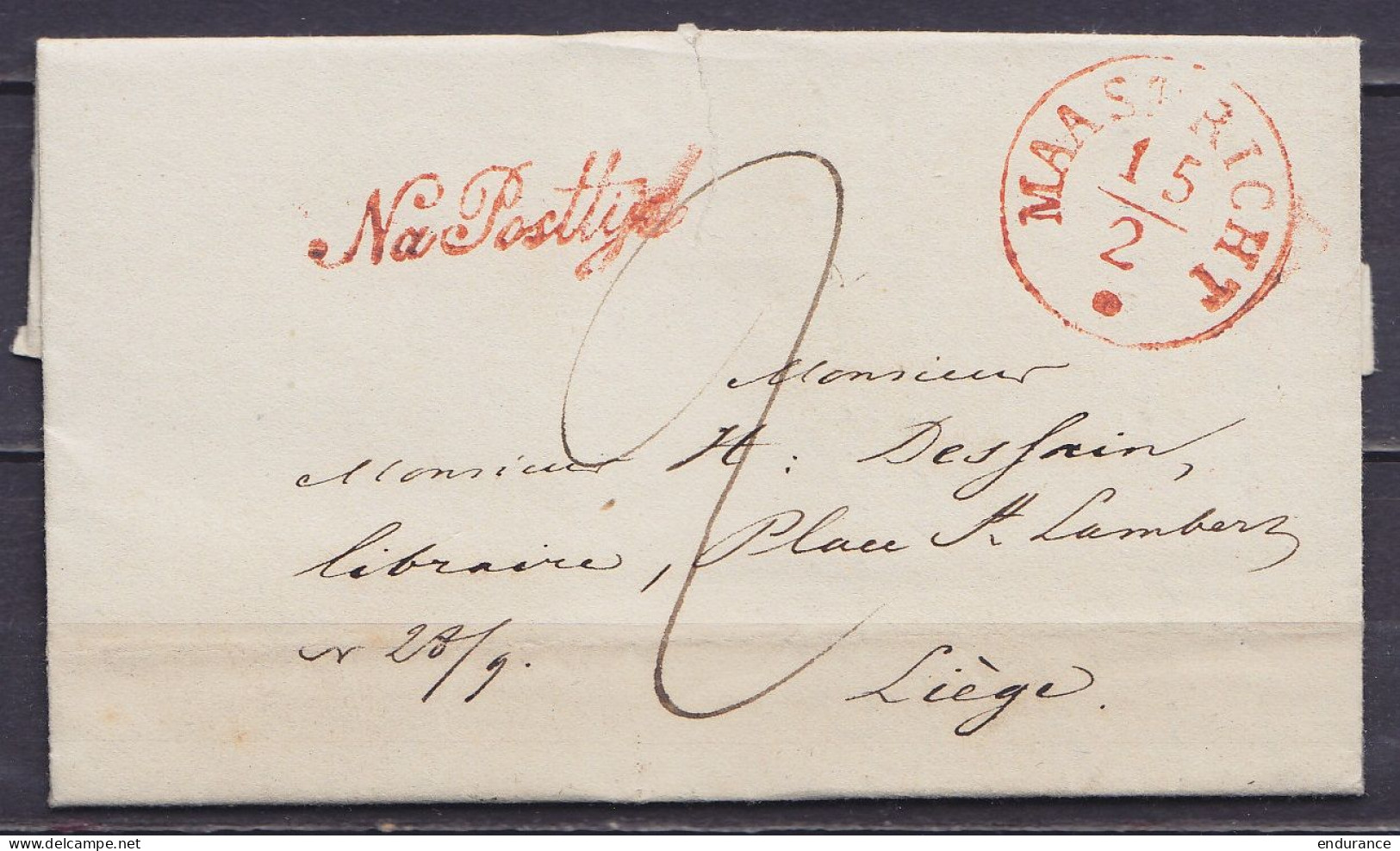 L. Datée 15 Février 1849 De MAESTRICHT Càd MAASTRICHT /15/2 Pour LIEGE - Griffe "Na Posttijd" - Port "2" (au Dos: Càd Ar - 1830-1849 (Belgica Independiente)