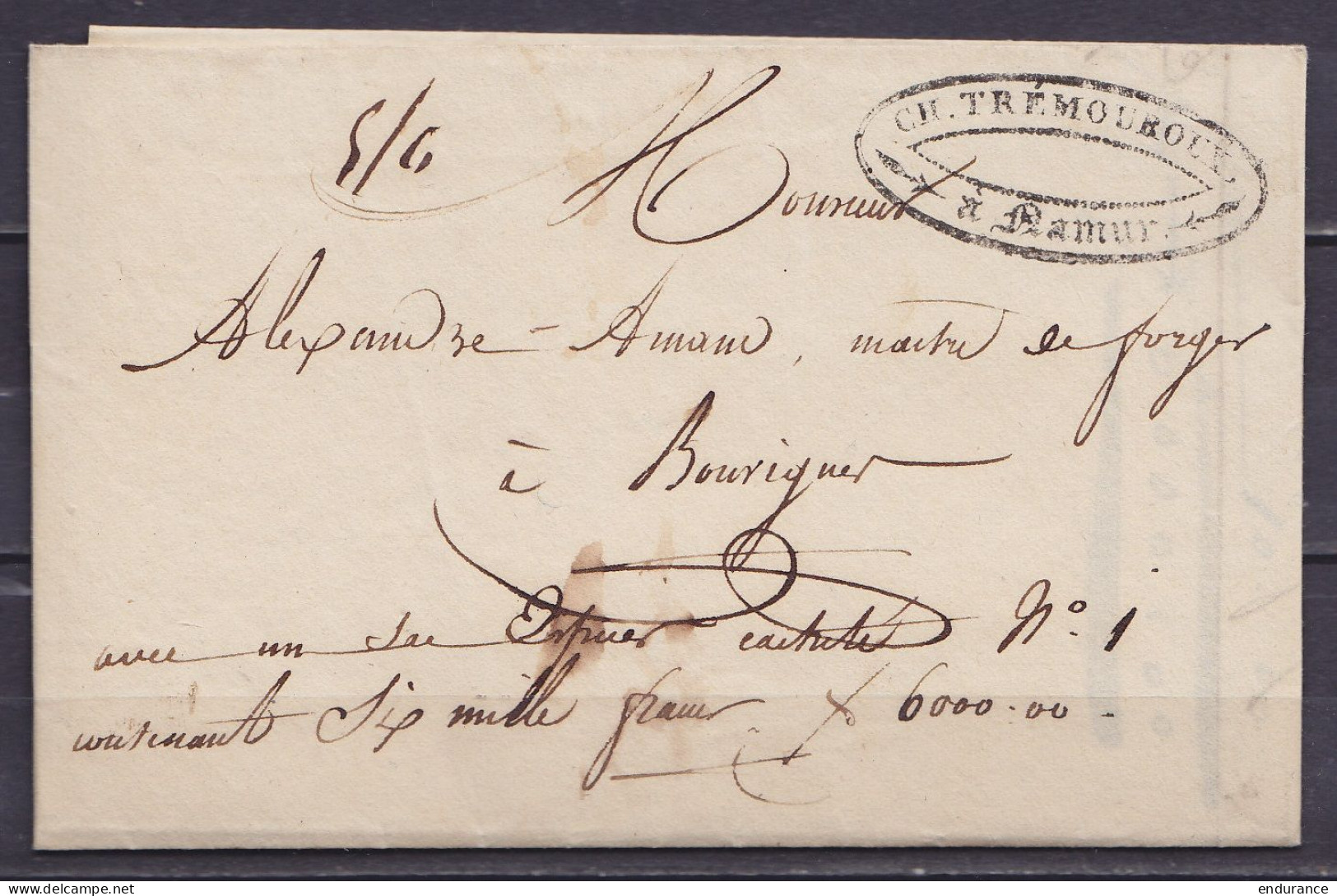 L. Datée 15 Septembre 1836 De NAMUR Pour Maître De Forges à BOUVIGNES - Man. "avec Un Sac … Cacheté N°1 Contenant Six Mi - 1830-1849 (Belgica Independiente)
