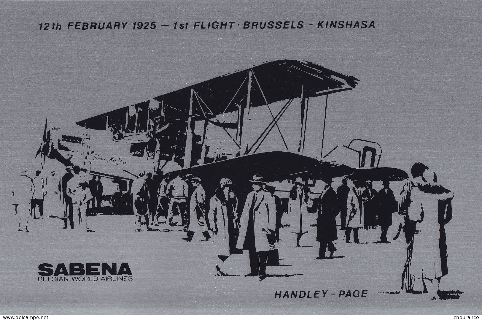 Plaquette Commémorative En Aluminium SABENA "12th February 1925 - 1st Flight BRUSSELS-KINSHASA / HANDLEY-PAGE" 1975 ? 19 - Regalos