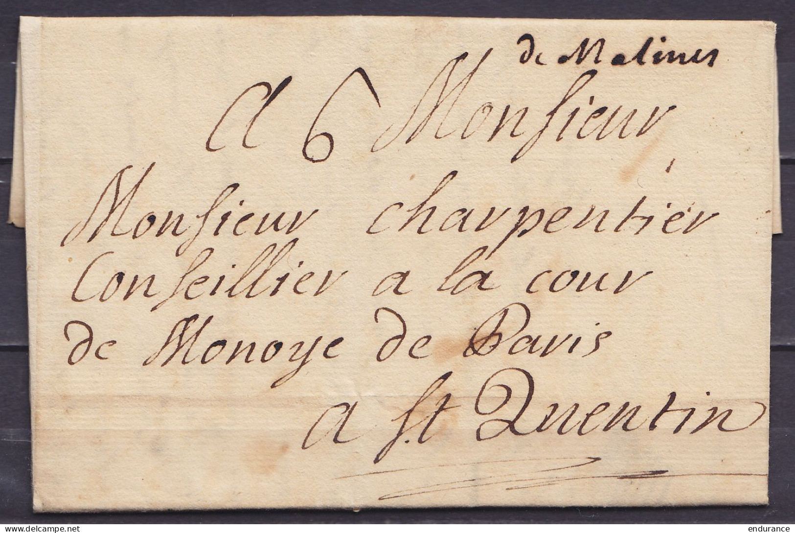 L. Datée 29 Août 1742 De MALINES Pour SAINT QUENTIN - Man. "de Malines" - 1714-1794 (Pays-Bas Autrichiens)