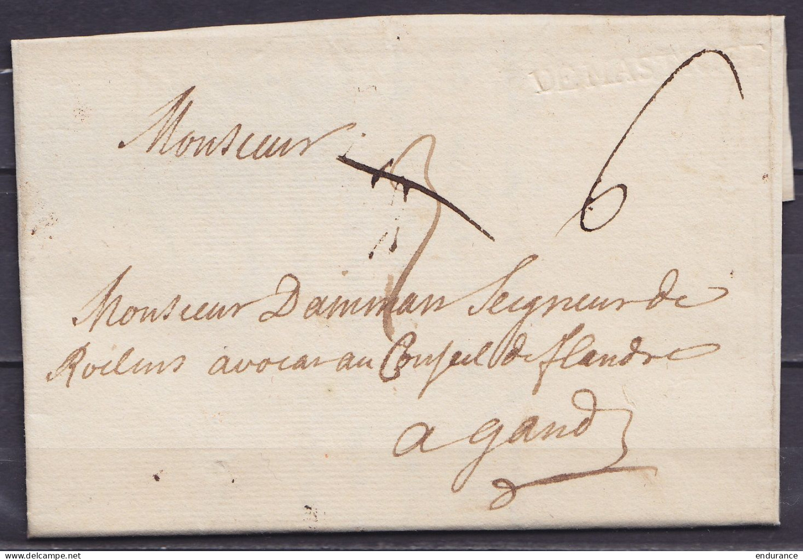 L. Datée 14 Février 1746 De MAESTRICHT Pour GAND - Marque En Creux "DE MASTRICHT" - Port "3" Barré & "6" - 1714-1794 (Austrian Netherlands)