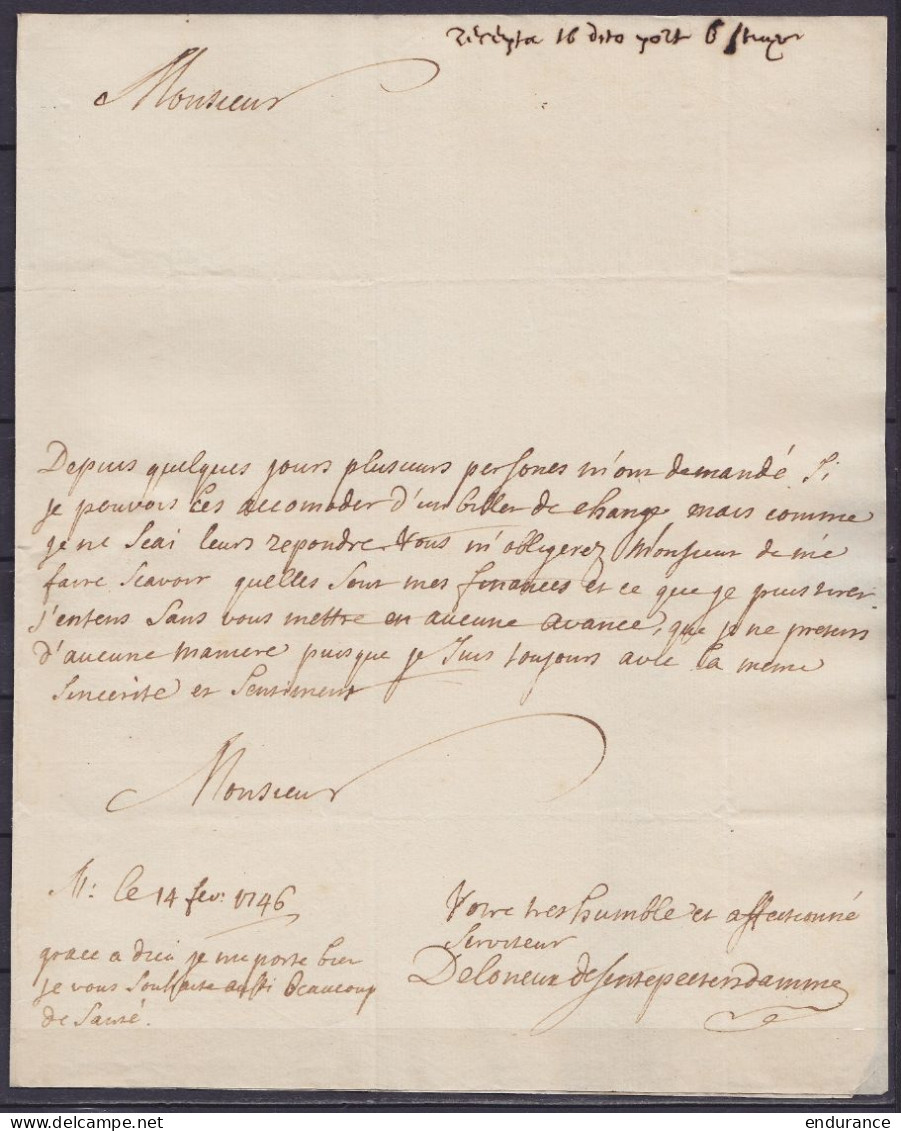 L. Datée 14 Février 1746 De MAESTRICHT Pour GAND - Marque En Creux "DE MASTRICHT" - Port "3" Barré & "6" - 1714-1794 (Oesterreichische Niederlande)