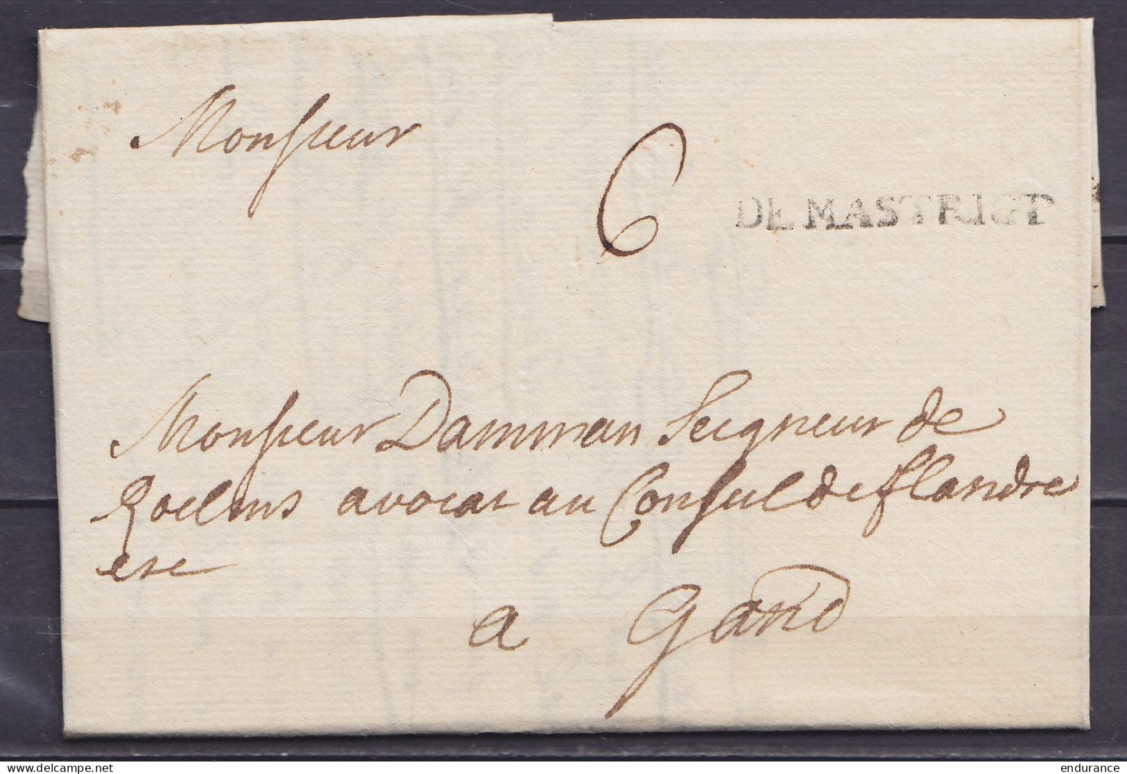 L. Datée 12 Décembre 1945 De MAESTRICHT Pour GAND - Griffe "DE MASTRICHT" - Port "6" - 1714-1794 (Pays-Bas Autrichiens)