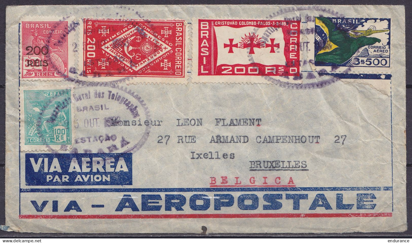 Brésil - L. Par Avvion Affr. 4$200 Càd "Departiçao Geral Des Telegraphos /BRASIL /25 OUT 1933/ ESTACAO SABARA" Pour IXEL - Storia Postale