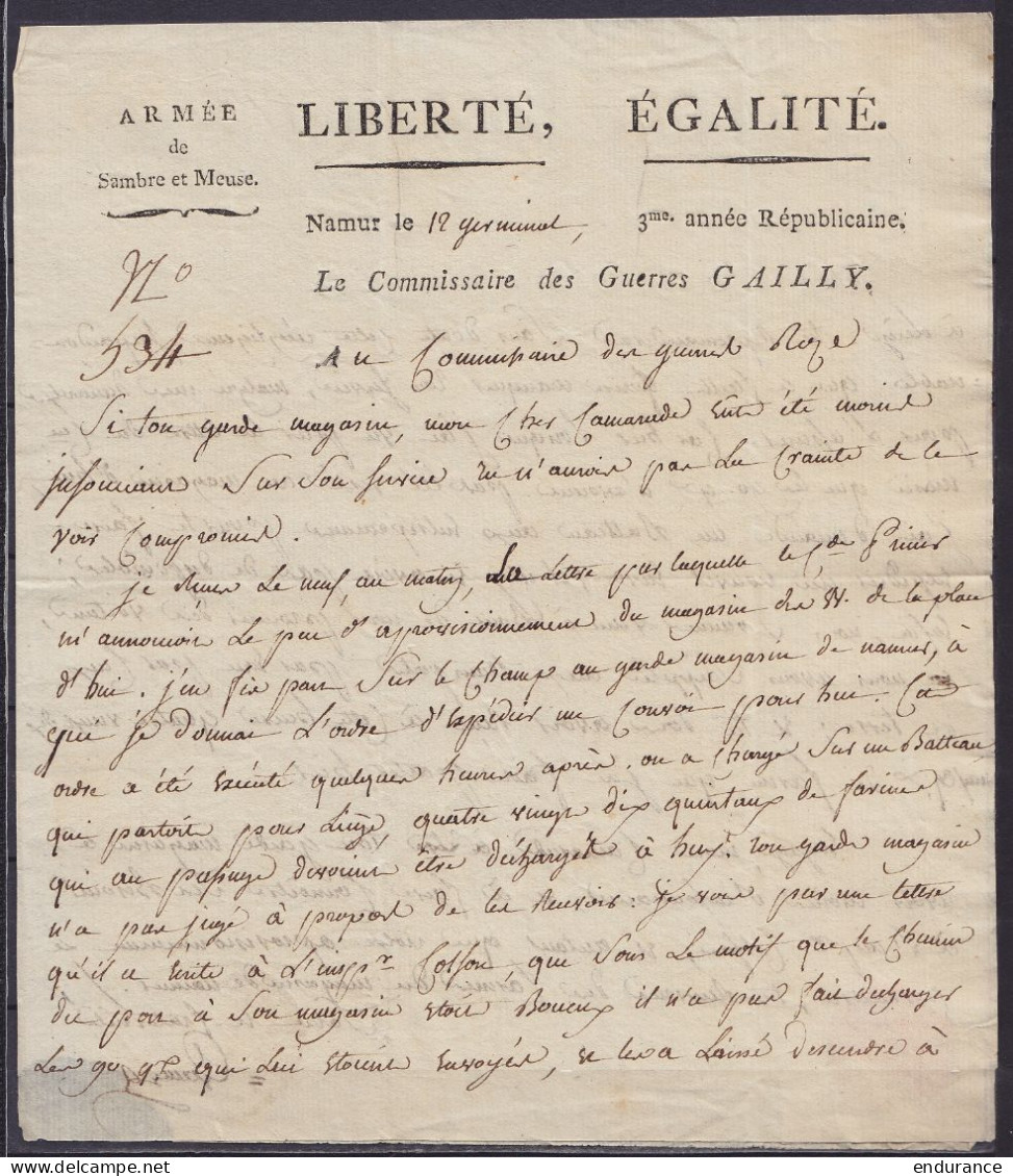 L. Datée 12 Germinal An 3 (1e Avril 1795) Du Commissaire Des Guerres Gailly Armée De Sambre Et Meuse à NAMUR Pour HUY (a - 1794-1814 (French Period)