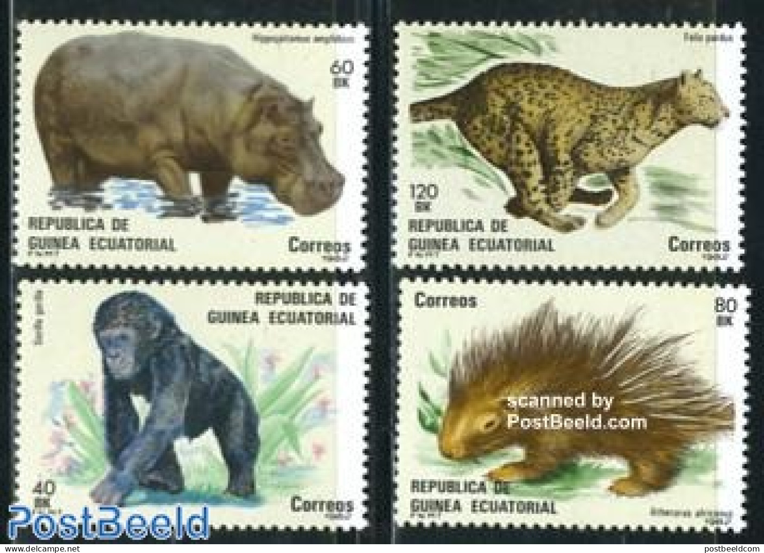 Equatorial Guinea 1983 Protected Animals 4v, Mint NH, Nature - Animals (others & Mixed) - Cat Family - Hippopotamus - .. - Equatorial Guinea