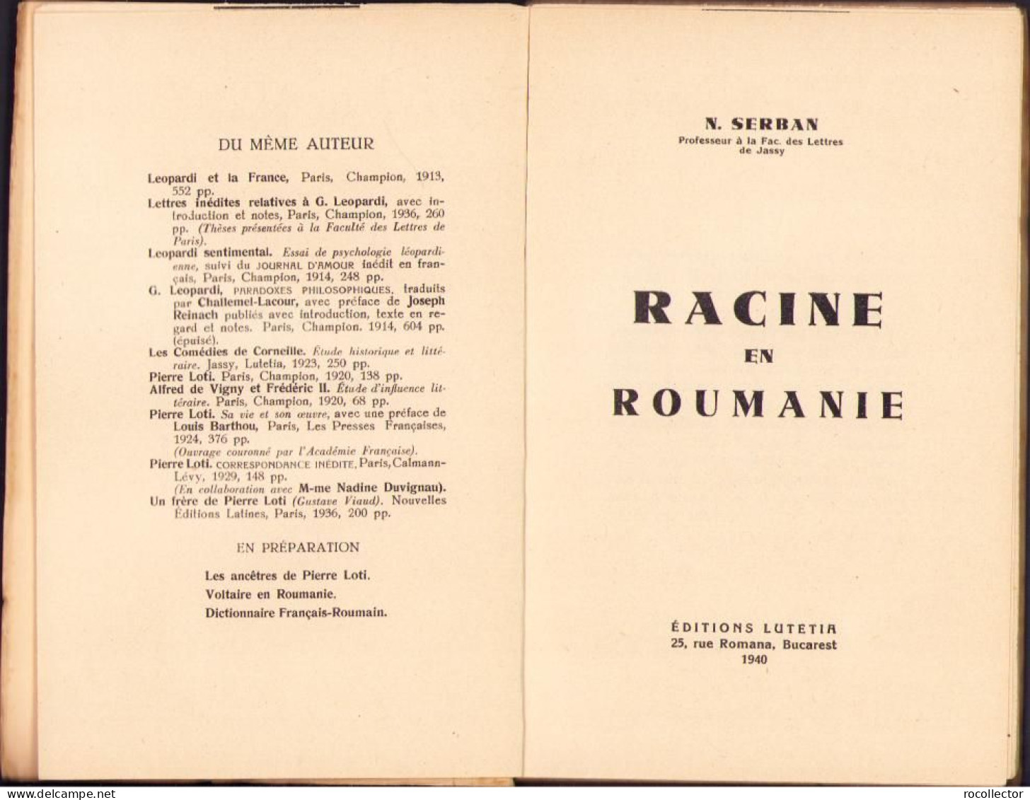 Racine En Roumanie Par N. Șerban, 1940, Bucarest C1494 - Libri Vecchi E Da Collezione