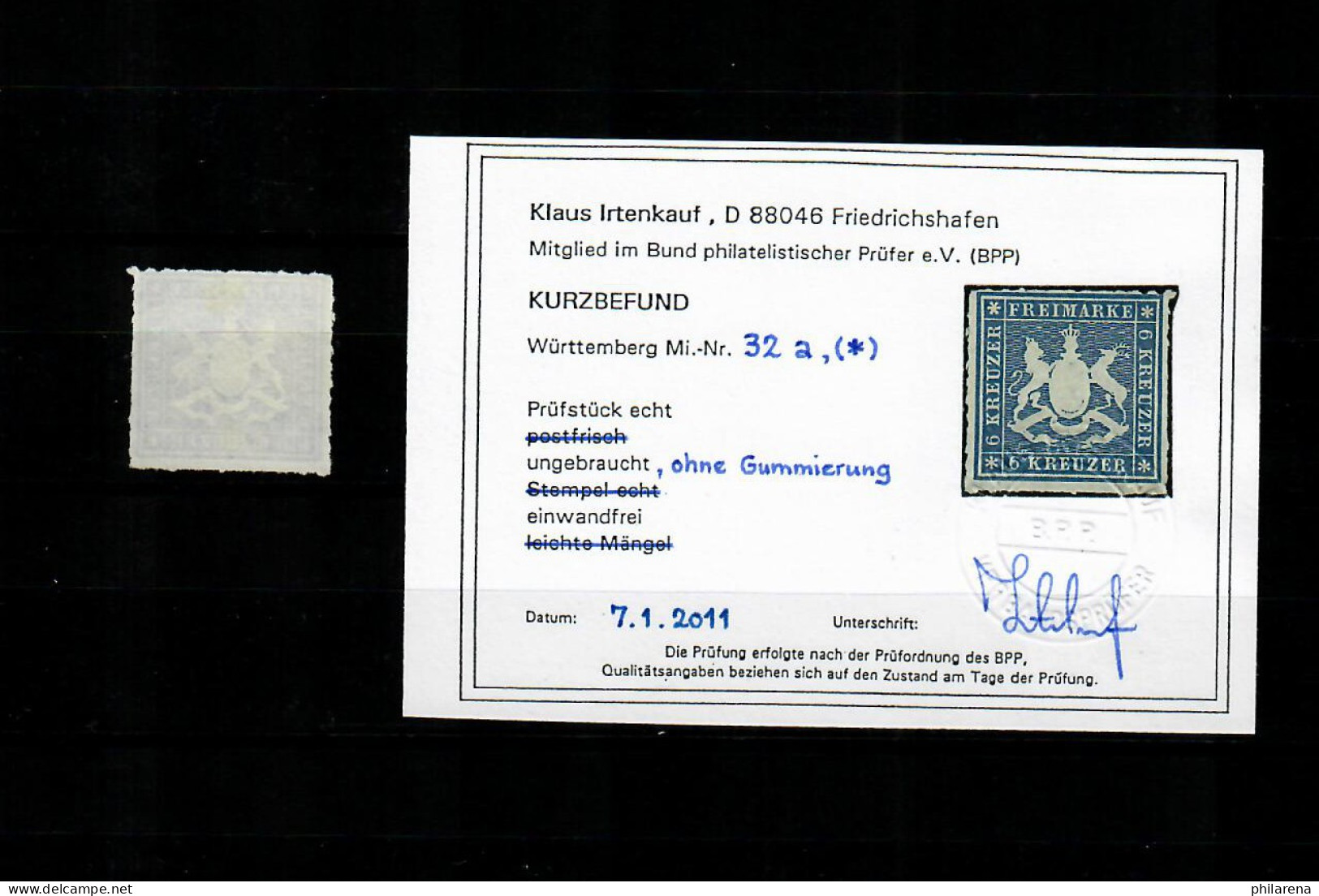 Württemberg: MiNr. 32a, Ohne Gummi, BPP Befund - Postfris
