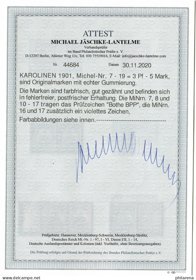 Karolinen: MiNr. 7-19, Postfrisch, ** Mit BPP Fotoattest - Carolines