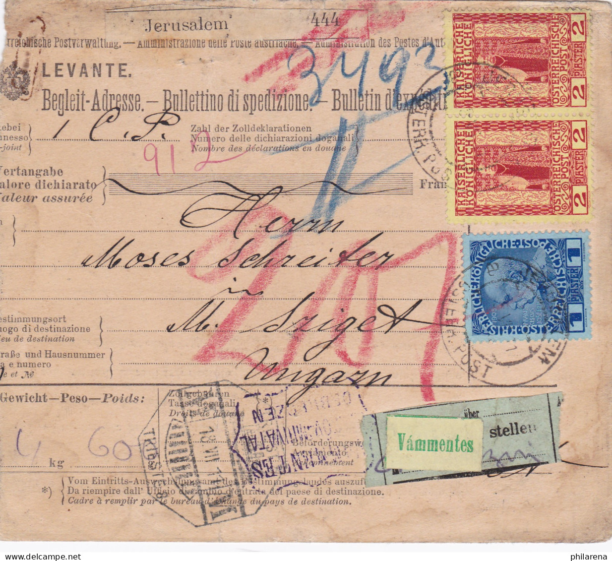 Parcel Card Jerusalem (Levante) 1911 To Hungary - Altri & Non Classificati