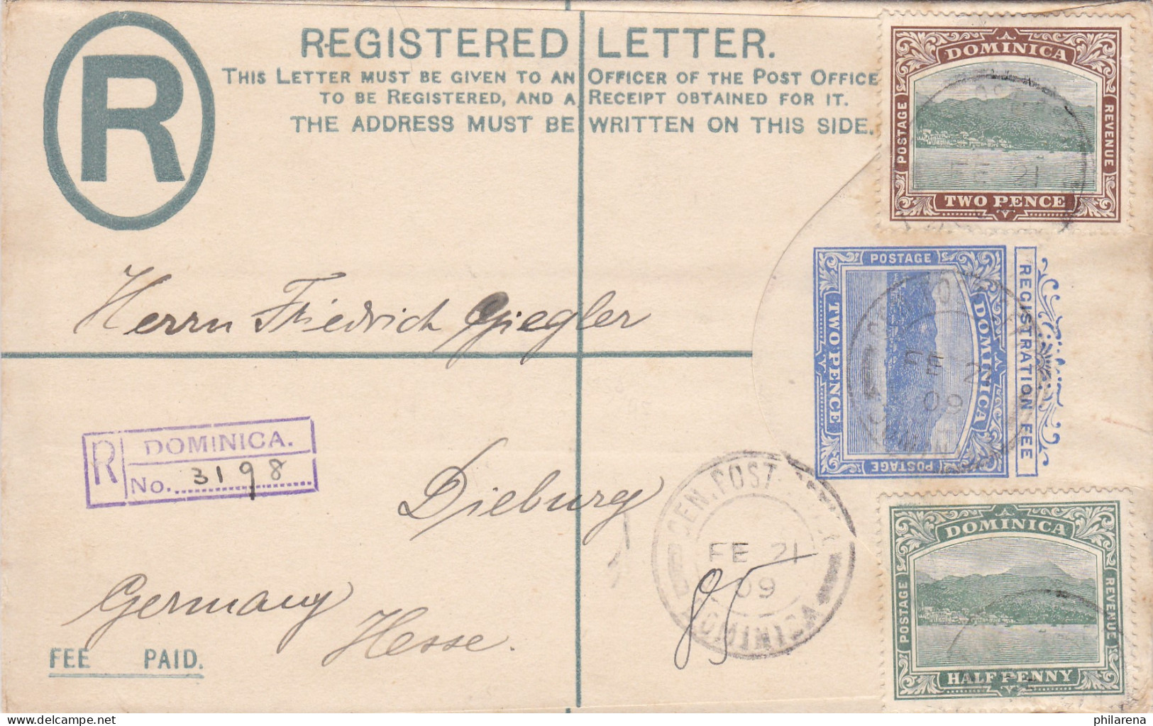 1909: Registered Letter Dominica To Germany - Dominique (1978-...)