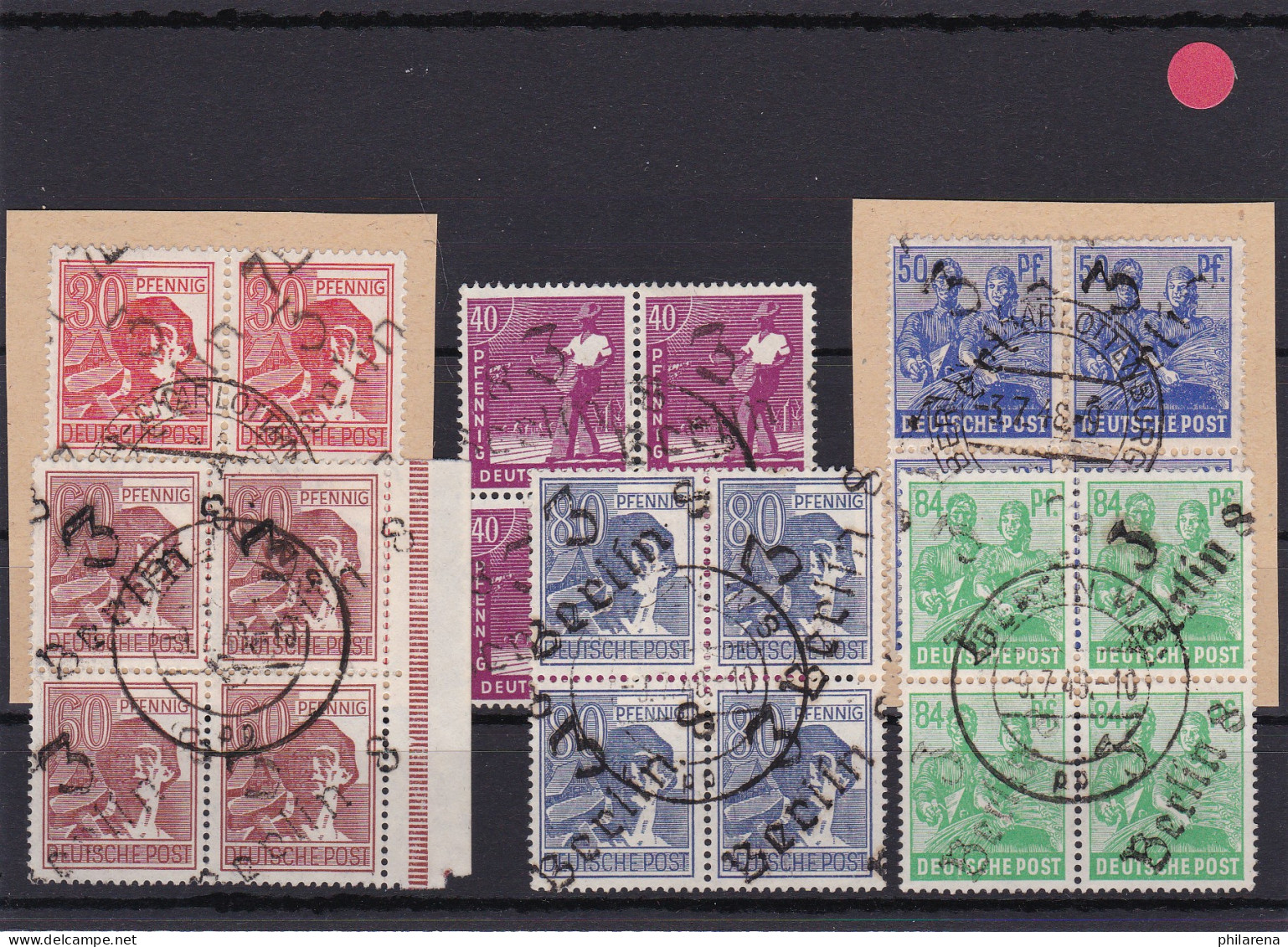 SBZ: Handstempelaufdruckmarken Ex 166I/181I, Viererblöcke, Geprüft - Afgestempeld