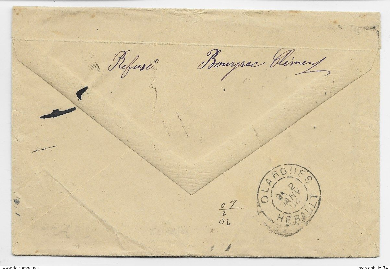 FRANCE MOUCHON 15C RETOUCHE SEUL LETTRE PAPIERS D'AFFAIRES REC OLARGUES 1905 HERAULT POUR HEREPIAN + RETOUR - 1900-02 Mouchon