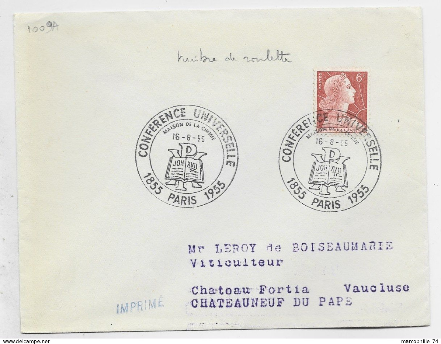 FRANCE MULLER 6FR ROULETTE LETTRE CACHET ILLUSTRE CONFERENCE UNIVERSELLE 16.8.1955 PARIS AU TARIF IMPRIME - 1955-1961 Marianne Van Muller