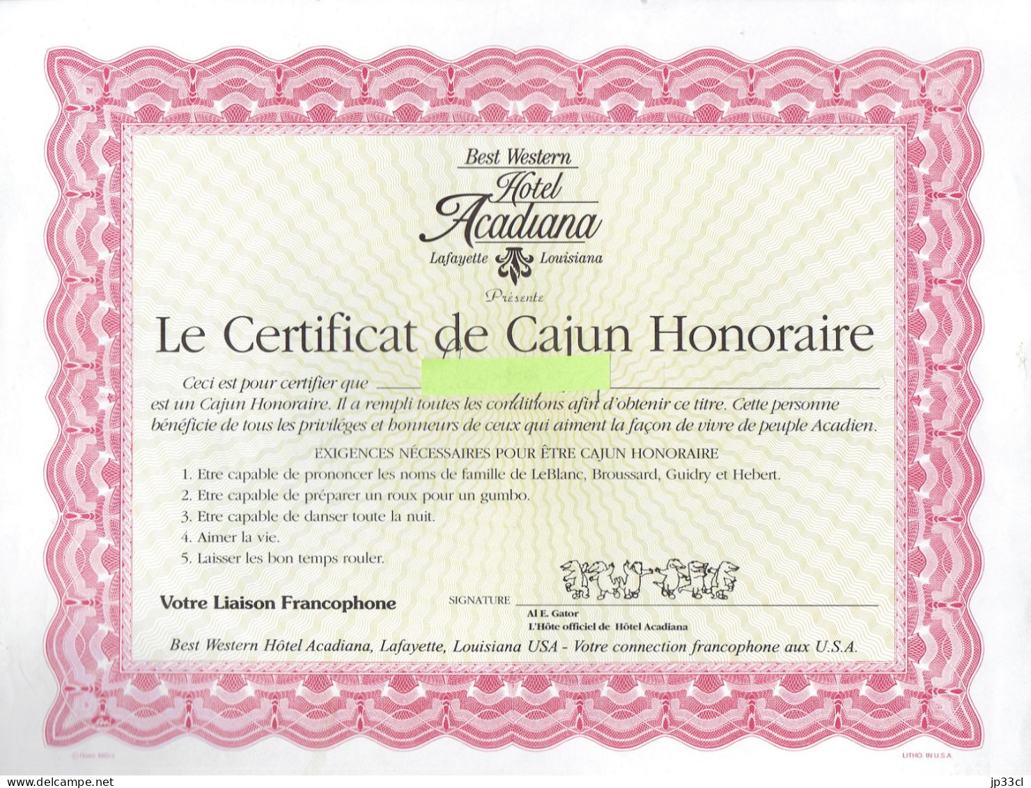 Certificat De Cajun Honoraire Délivré En 1997 Par Le Best Western Hotel Acadiana, Lafayette, Louisiane (USA) - Cartes De Membre