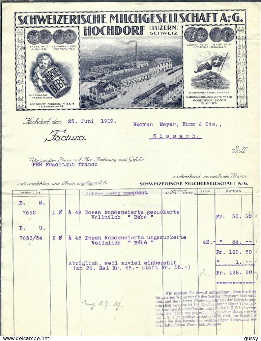 SUISSE 1919: Facture  De Lait Condensé Sucré De Hochdorf (LU) - Svizzera